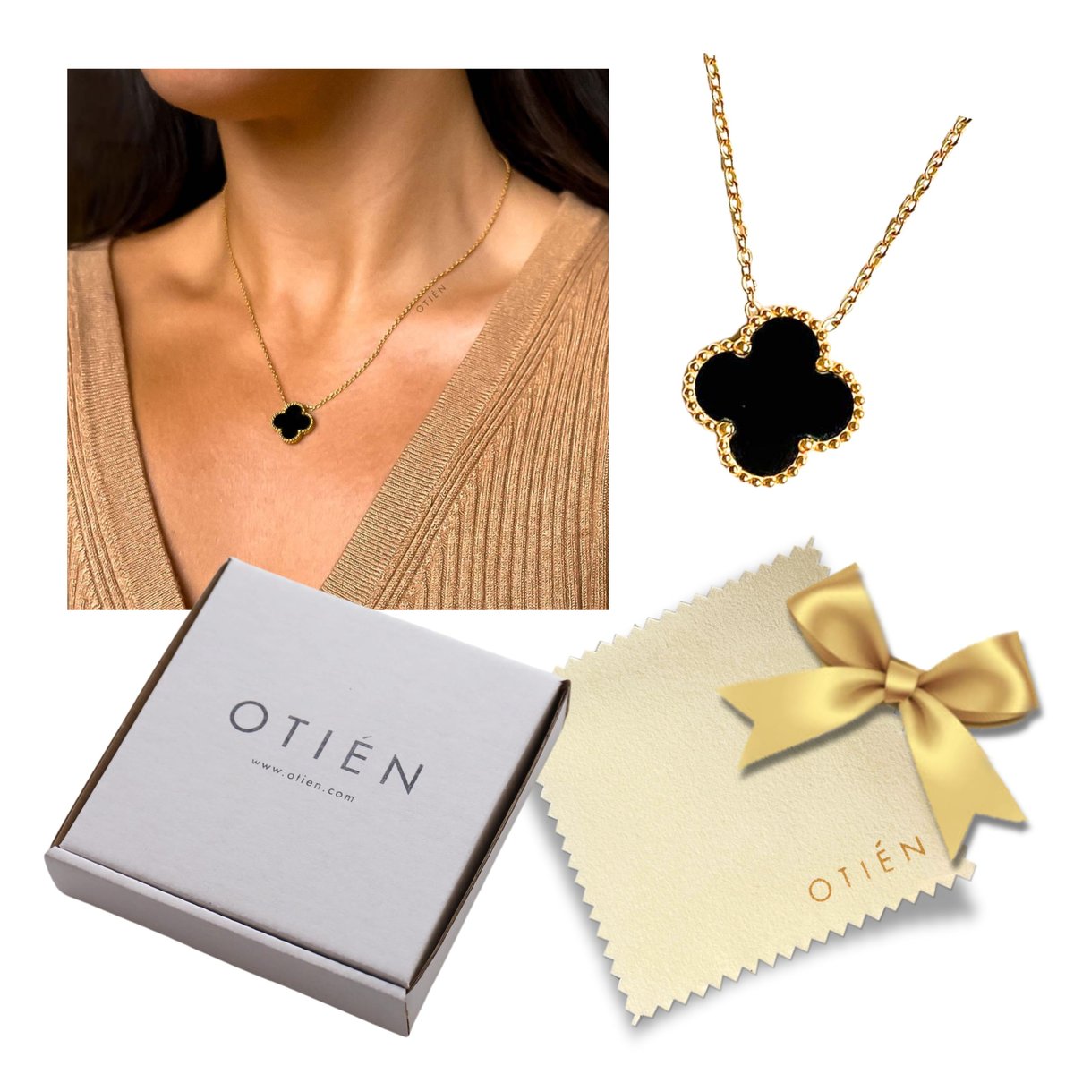 Naszyjnik celebrytka Czarna Koniczynka – stal chirurgiczna, złoty, czarny