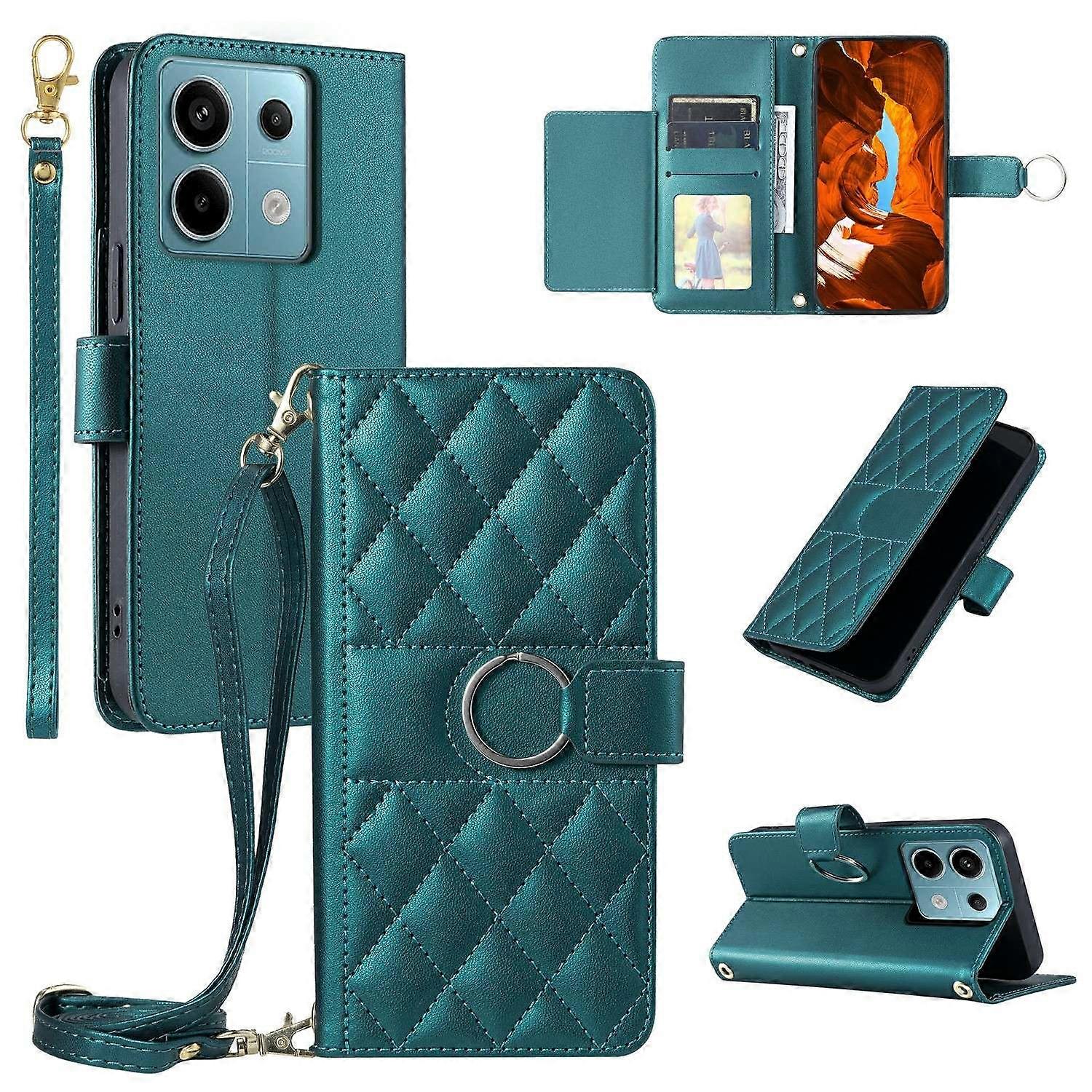 Dla Xiaomi Poco X6 5G Redmi Note 13 Pro 5G Crossbody Skórzane etui Pierścień Klamra Portfel Stojak Rhombus M Wielobarwny Green