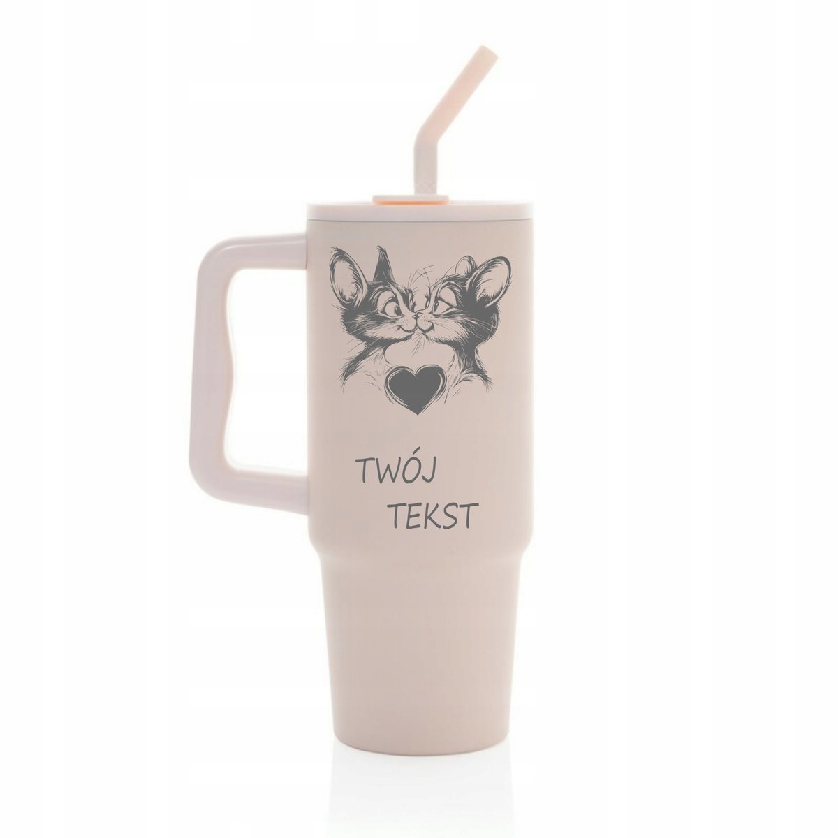 Kubek termiczny 900 ml KOTKI personalizacja z grawerem różowy słomka