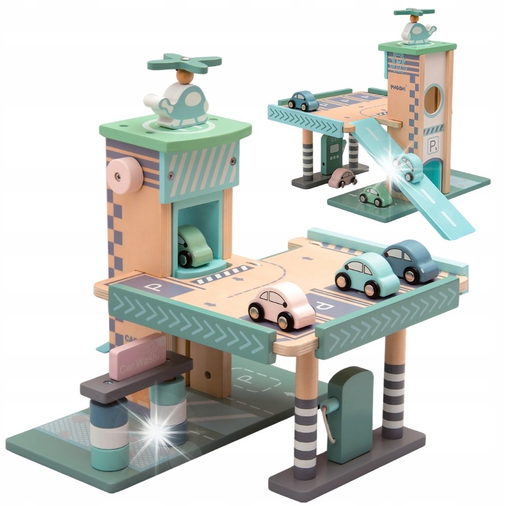 MERKAN Drewniany Parking Piętrowy Garaż Z Windą i Stacją + Samochodziki