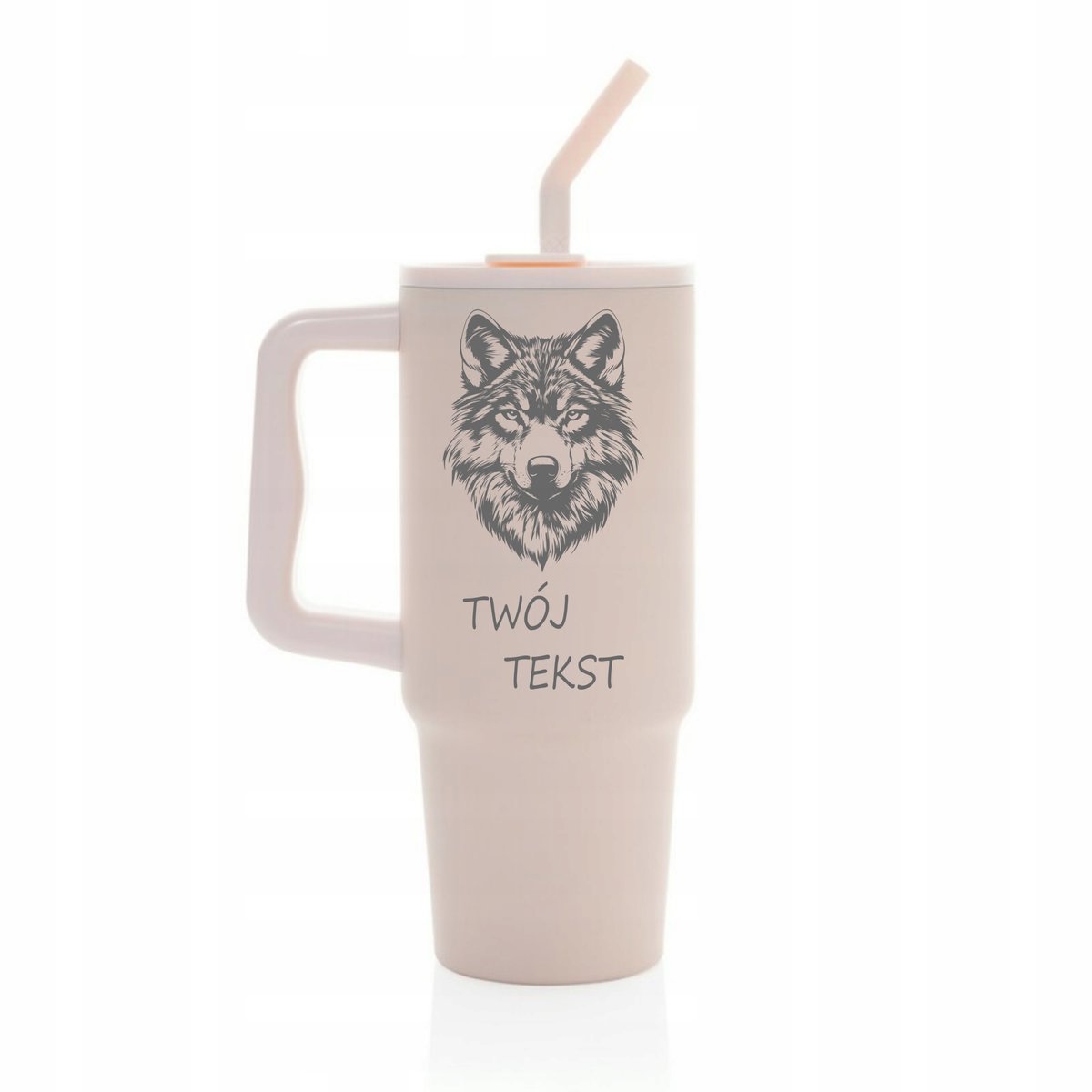 Kubek termiczny 900 ml WILK personalizacja z grawerem różowy słomka