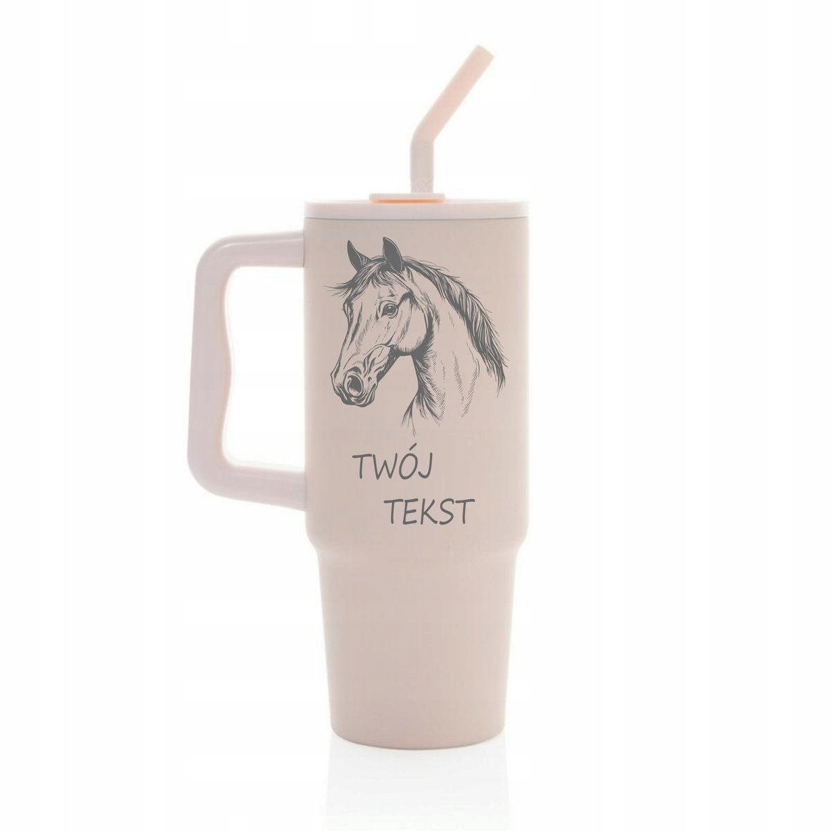 Kubek termiczny 900 ml KOŃ personalizacja z grawerem różowy słomka