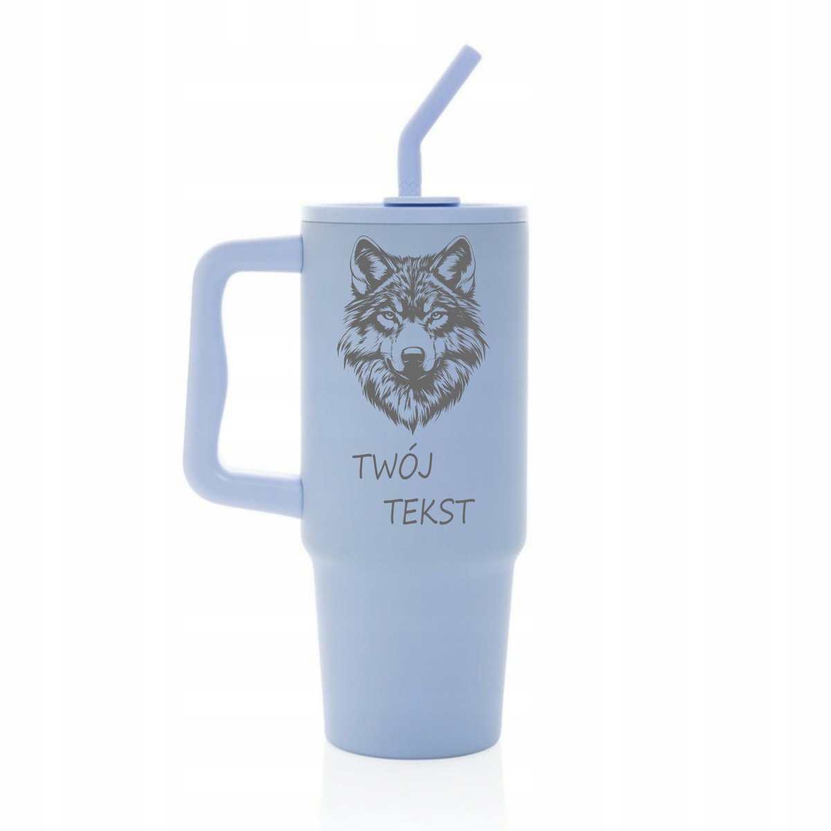 Kubek termiczny 900 ml WILK personalizacja z grawerem niebieski słomka