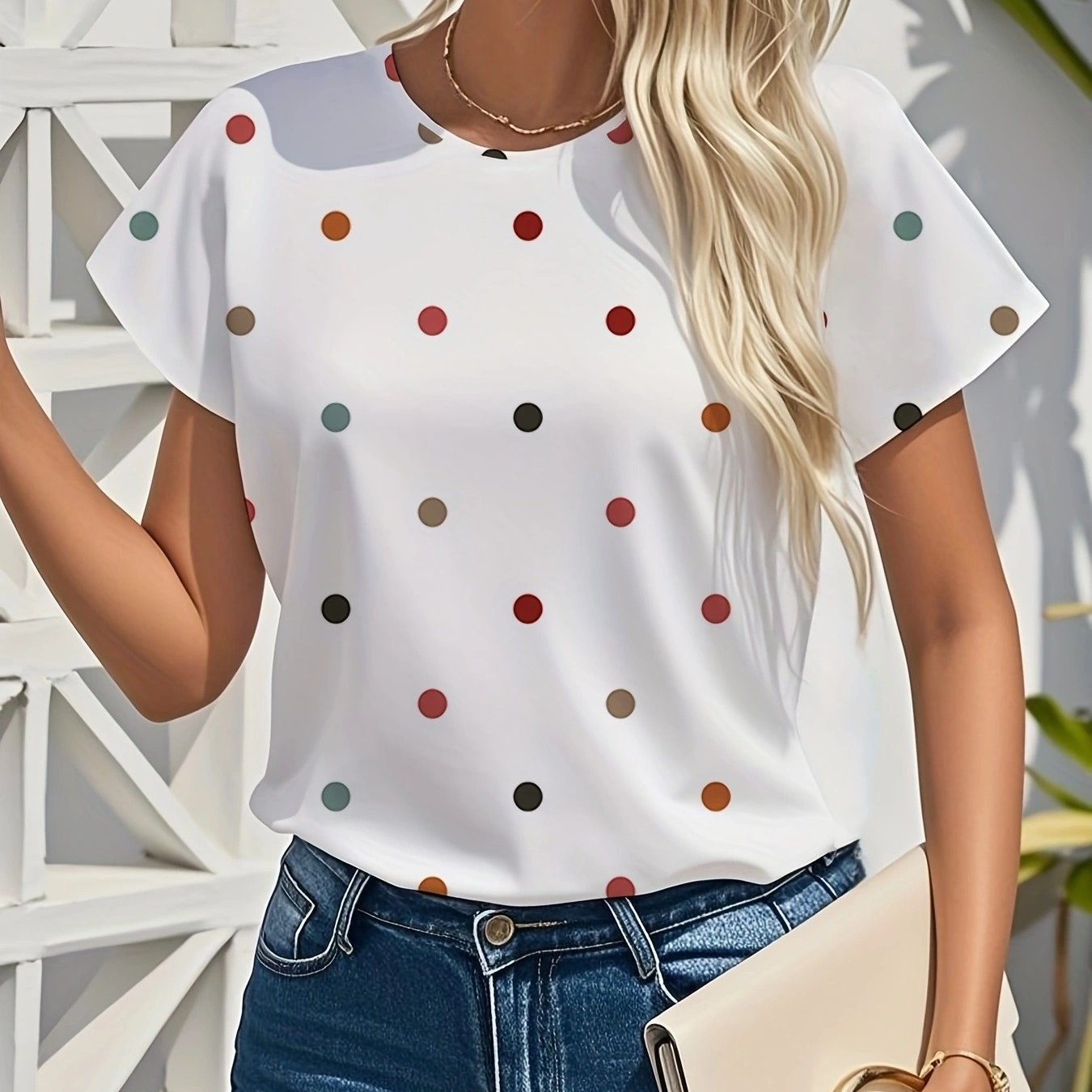 TEMU Elegancka bluzka damskiego polka dot - swobodny top z krótkim rękawem i okrągłym dekoltem, biały z wielokolorowymi kropkami, poliester, idealny