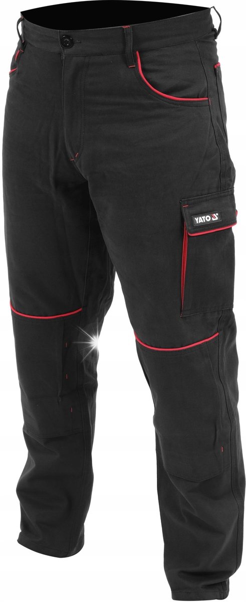 SPODNIE ROBOCZE COMFY 2XL CZARNO-CZERWONE 7 KIESZENI BAWEŁNA 106-117 CM