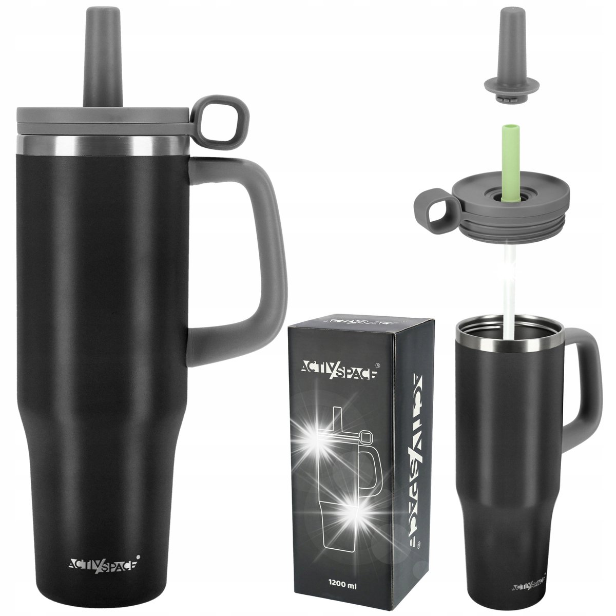 KUBEK TERMICZNY ZE SŁOMKĄ TERMOS Z UCHWYTEM NA KAWĘ HERBATĘ SZCZELNY 1200ML