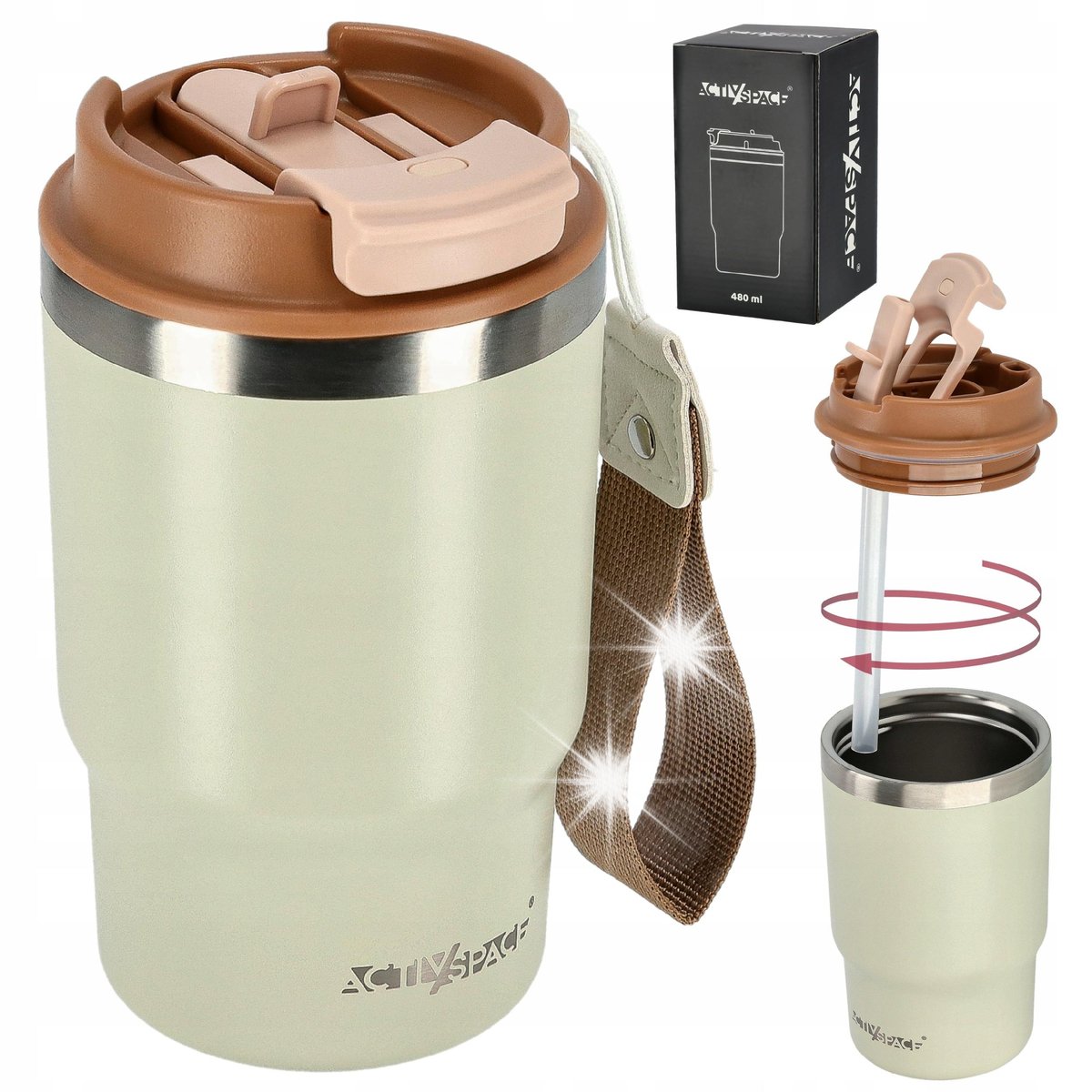 KUBEK TERMICZNY TERMOS GORĄCE NAPOJE NA KAWĘ HERBATĘ SŁOMKA + USTNIK 480ml