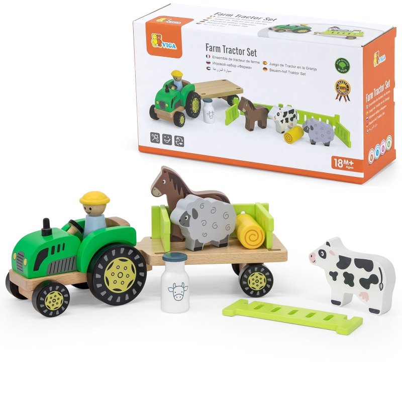 ZESTAW TRAKTOR DREWNIANY ZWIĘRZATKA FARMA AKCESORIA