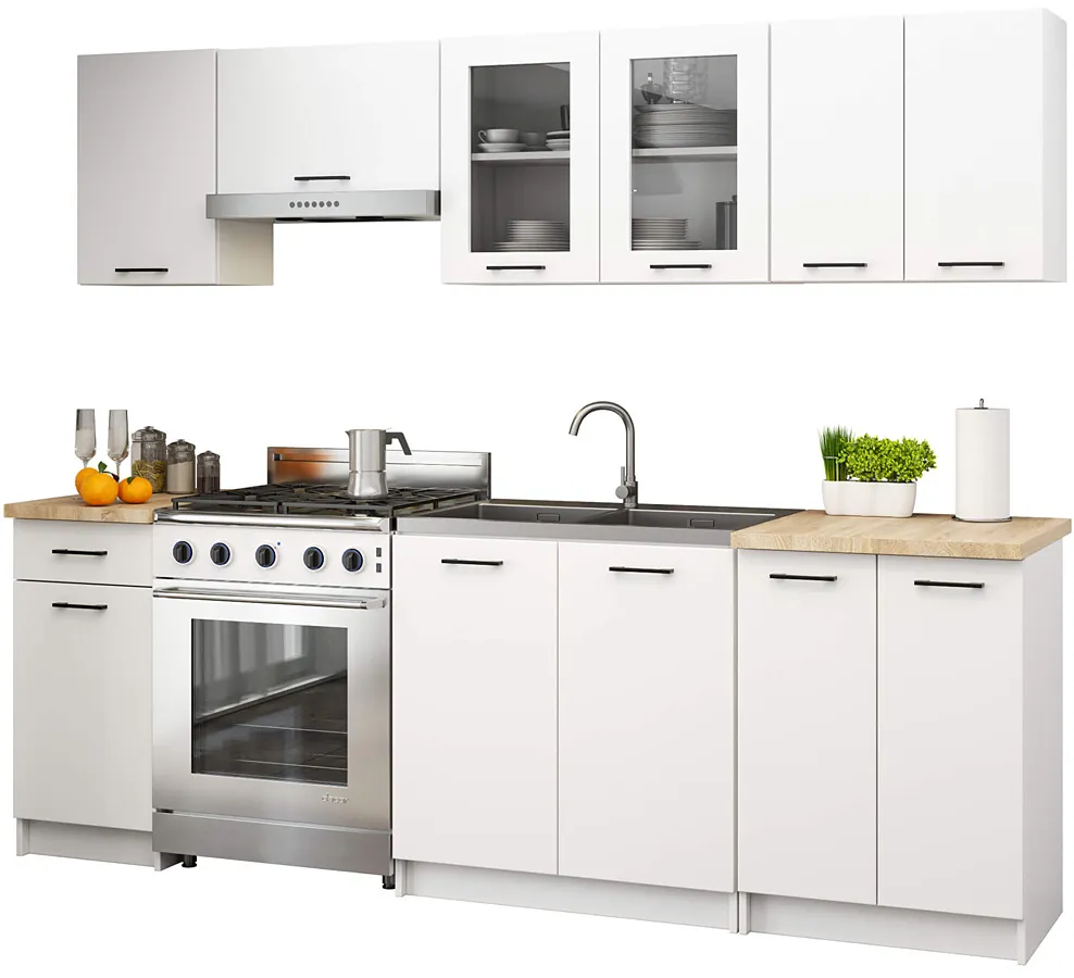 Biały zestaw mebli kuchennych z witryną 240 cm - Vivienne