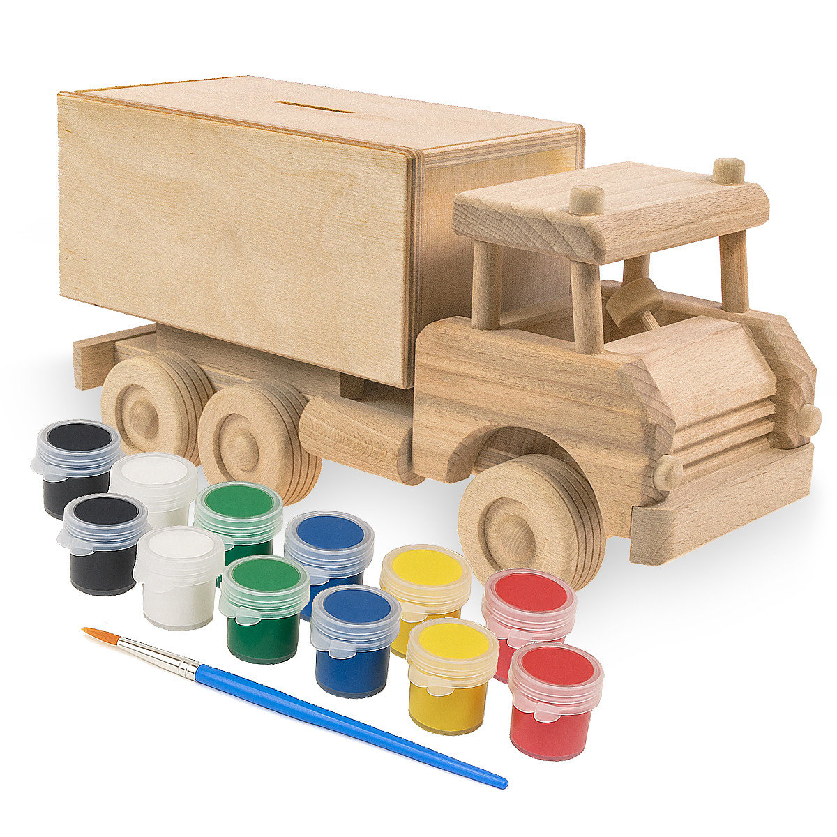 Drewniana zabawka skarbonka John Paddle - Duża Ciężarówka z zestawem farbek Uniwersalny