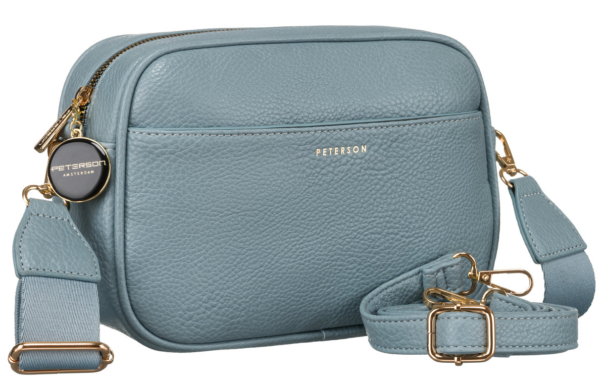 Niebieska modna listonoszka damska ze skóry ekologicznej PETERSON mała miejska torebka dwa paski w komplecie złote okucia kieszonki na suwak