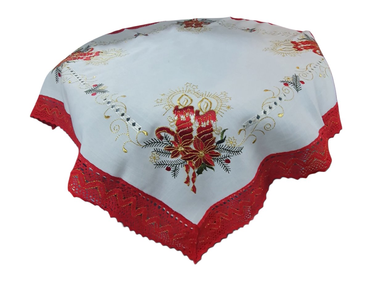 SE00513 Mały świąteczny obrus z haftem, biały 85x85cm