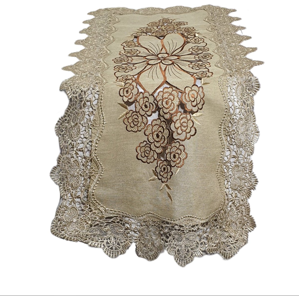 OB00325 Lniany Bieżnik z Haftem Obszyty Gipiurą 40x90 cm