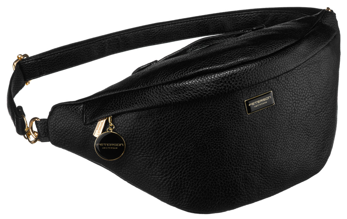 Czarna klasyczna nerka damska ze skóry ekologicznej PETERSON saszetka na ramię przez ramię lub na biodra kieszonki na drobiazgi brelok w komplecie