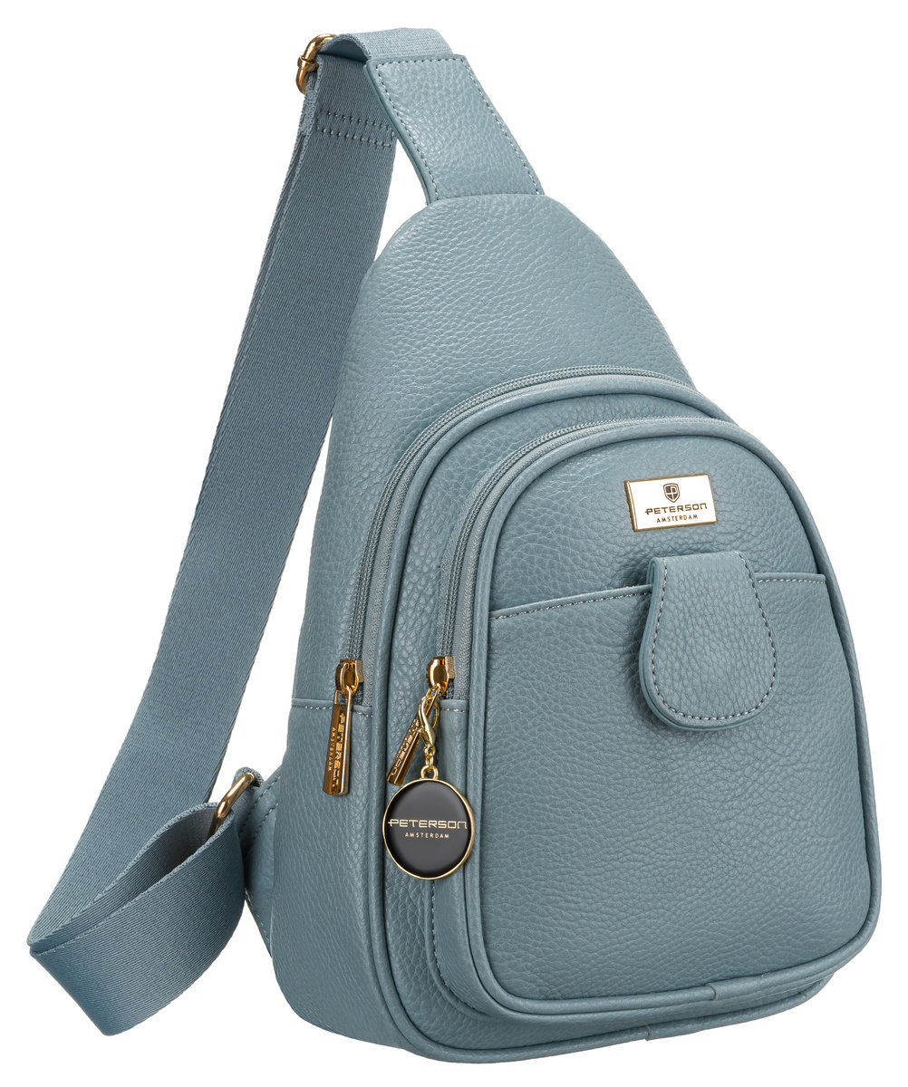 Mała saszetka damska ze skóry ekologicznej zdobionej złotymi okuciami PETERSON niebieska modna nerka na jedno ramię crossbody szeroki pasek kieszonk..