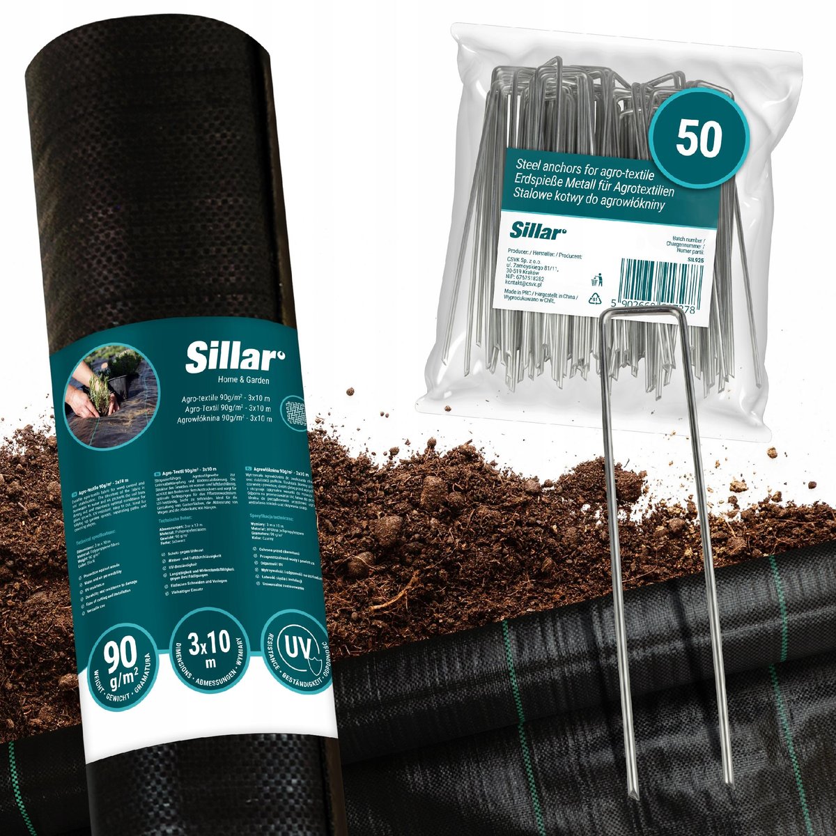Zestaw gruba agrotkanina antychwastowa Sillar 90g/m2 3x10m + Kotwy 50x stal