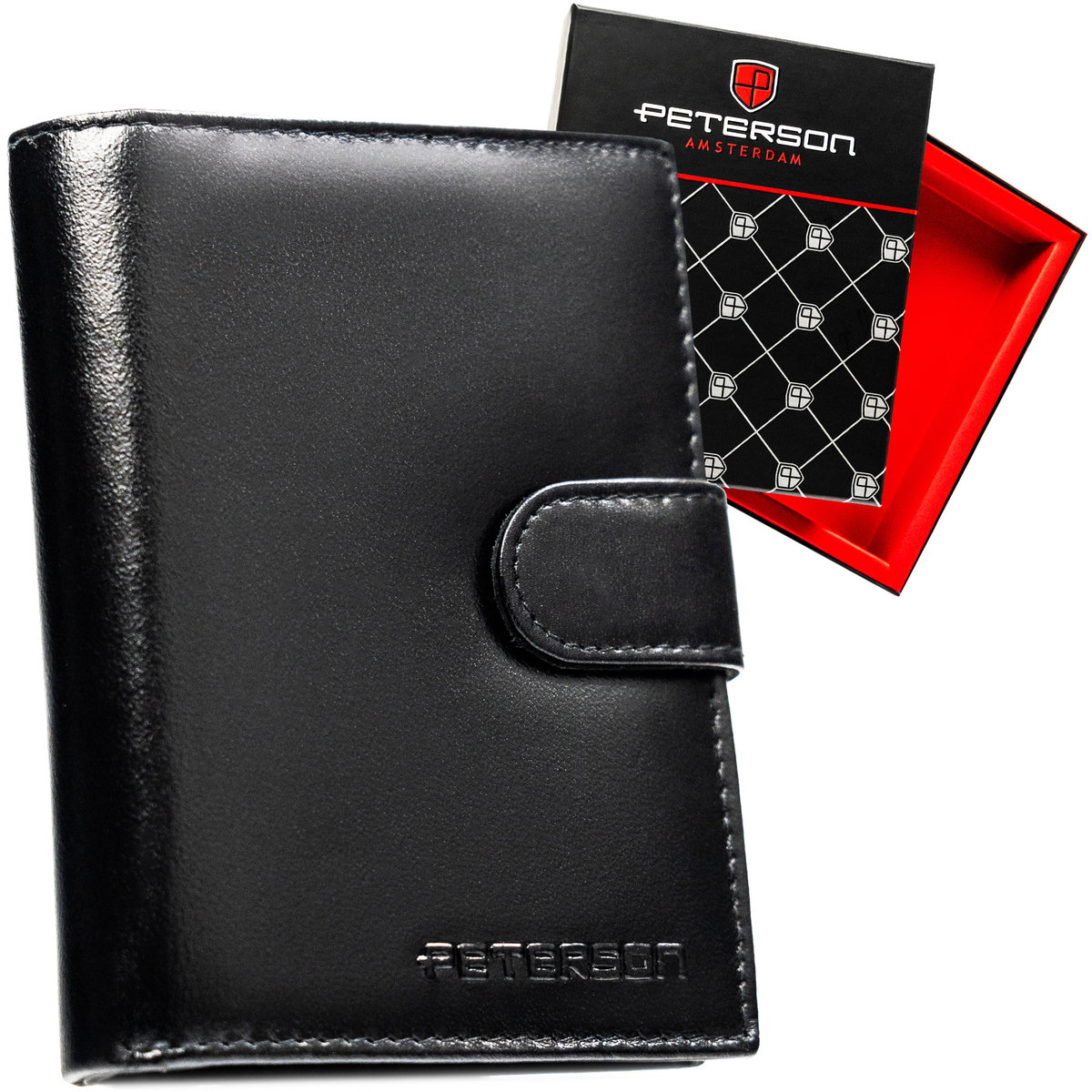 Czarny pionowy portfel męski na zatrzask skórzany pojemny na karty dokumenty gotówkę PETERSON pudełko prezentowe ochrona RFID STOP