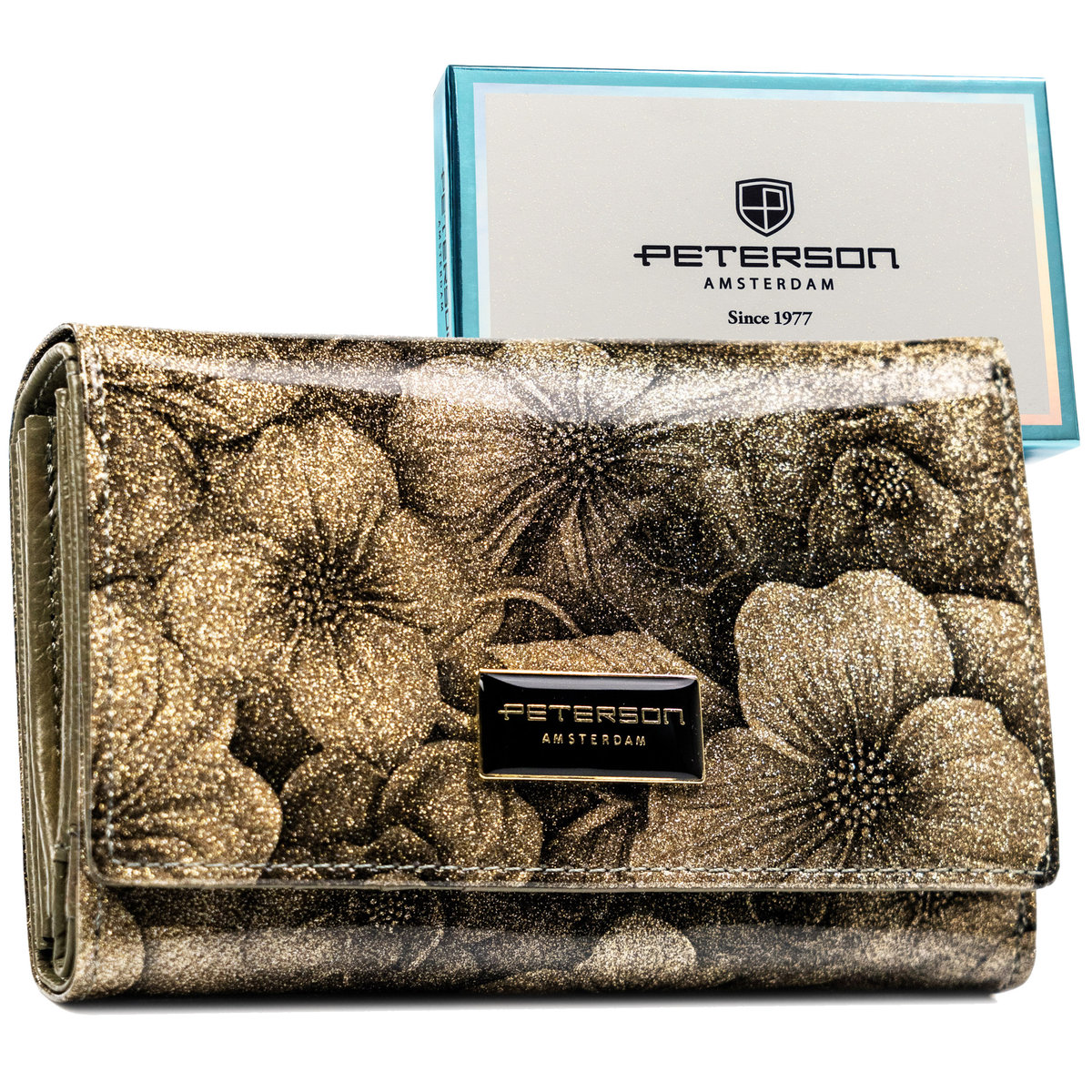 Poziomy portfel damski średniej wielkości na zatrzask lakierowany złoty z kwiatowym wzorem PETERSON skóra naturalna i ekologiczna rozbudowany na kar..