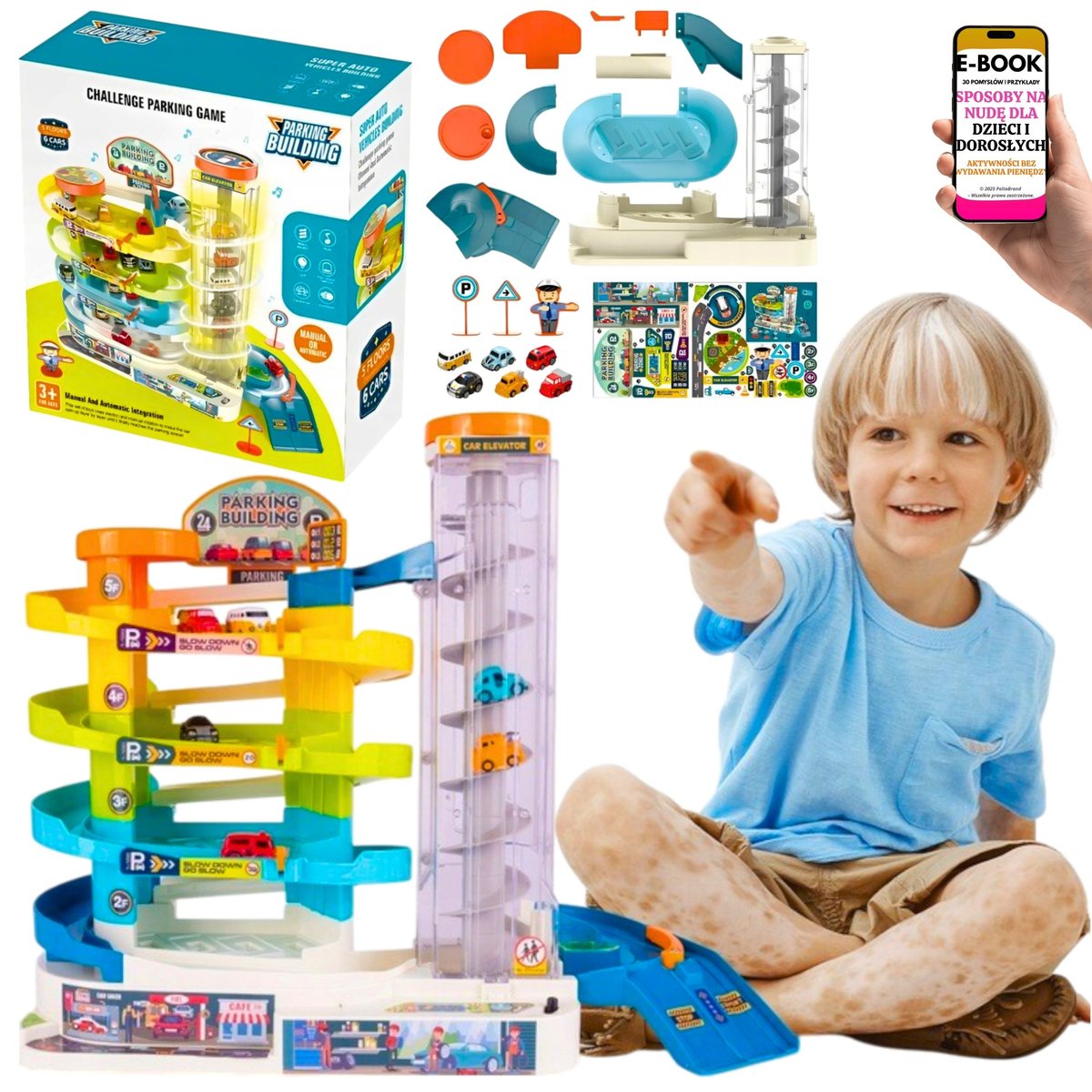 PARKING ZABAWKOWY 3w1 - WIELOPOZIOMOWY GARAŻ Z MUZYKĄ WINDĄ, ZJAZDAMI, SAMOCHODAMI PREZENT DLA CHŁOPCA WNUCZKA + EBOOK-3