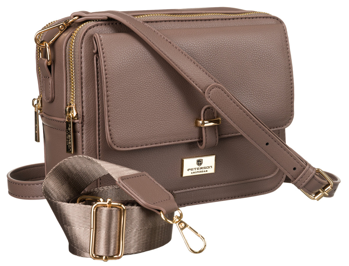 Brązowa mała torebka damska na ramię PETERSON listonoszka ze skóry ekologicznej kieszonki na drobiazgi szeroki i wąski pasek w komplecie