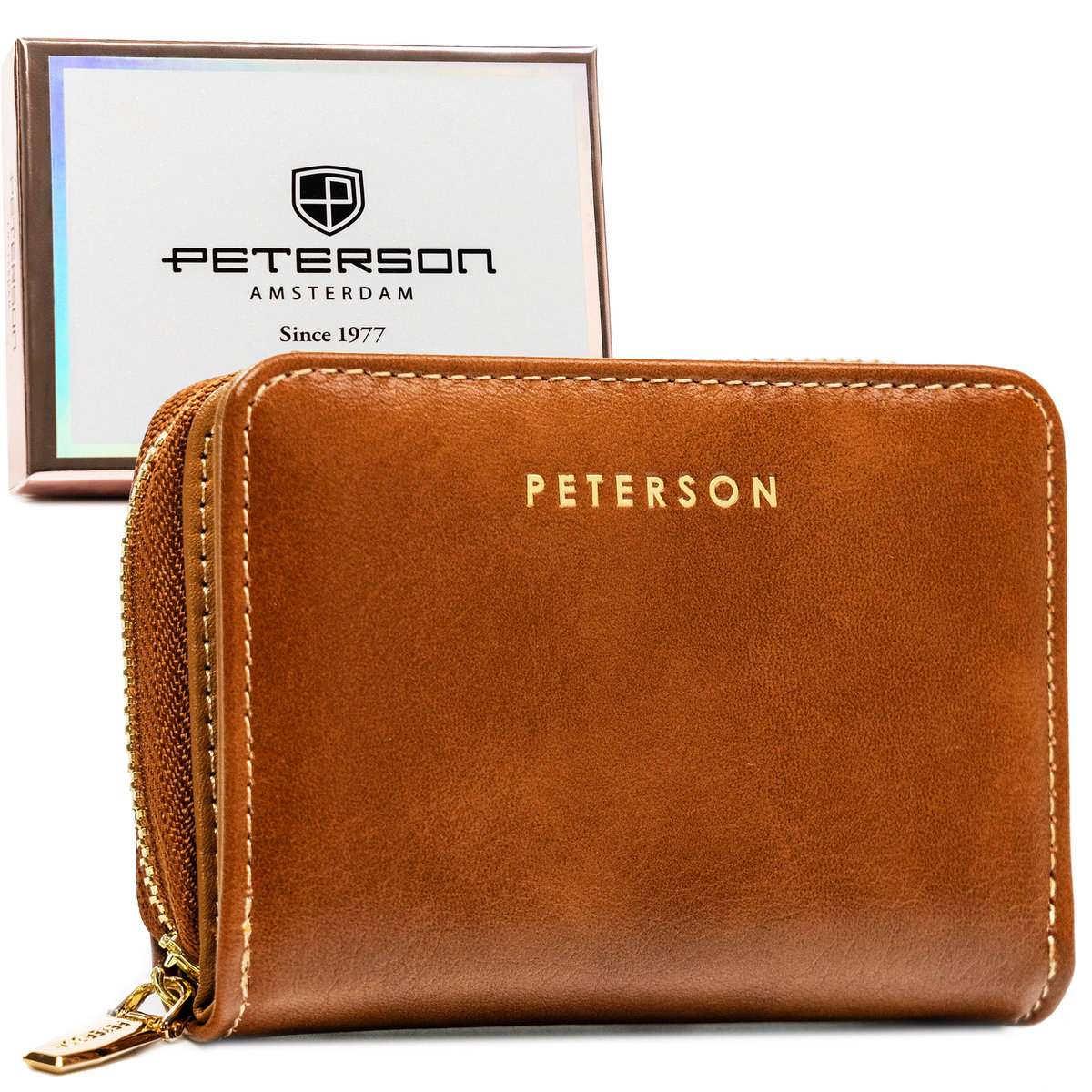 Jasnobrązowy karmelowy portfel damski ze skóry ekologicznej mały na zatrzask i suwak elegancki na prezent ochrona RFID STOP PETERSON