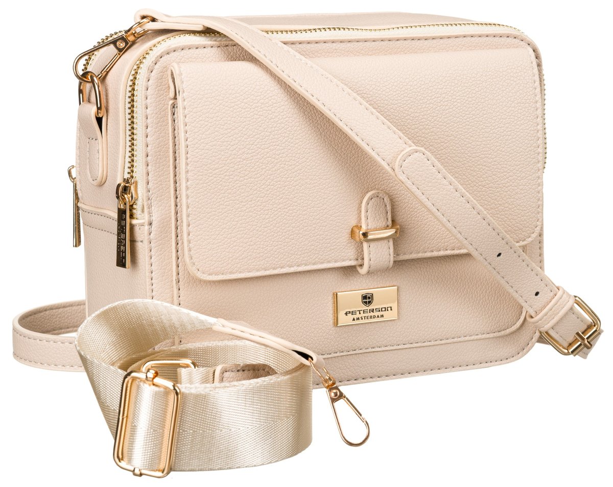 Mała listonoszka damska ze skóry ekologicznej PETERSON beżowa dwukomorowa na suwak złote okucia kieszonki na drobiazgi w komplecie dwa paski na ramię