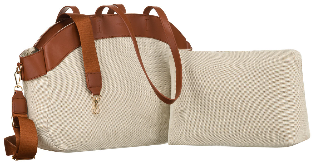 Duża shopperka damska na ramię beżowo - brązowa z włókna canvas i eko skóry PETERSON pojemna mieści a4 organizer w komplecie uchwyty na ramię dopina..