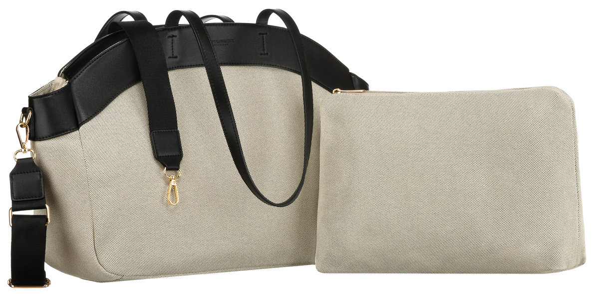 PETERSON Płócienna shopperka damska z włókna canvas i skóry ekologicznej beżowo - czarna torba na ramię pojemna mieści A4 organizer na drobiazgi i d..