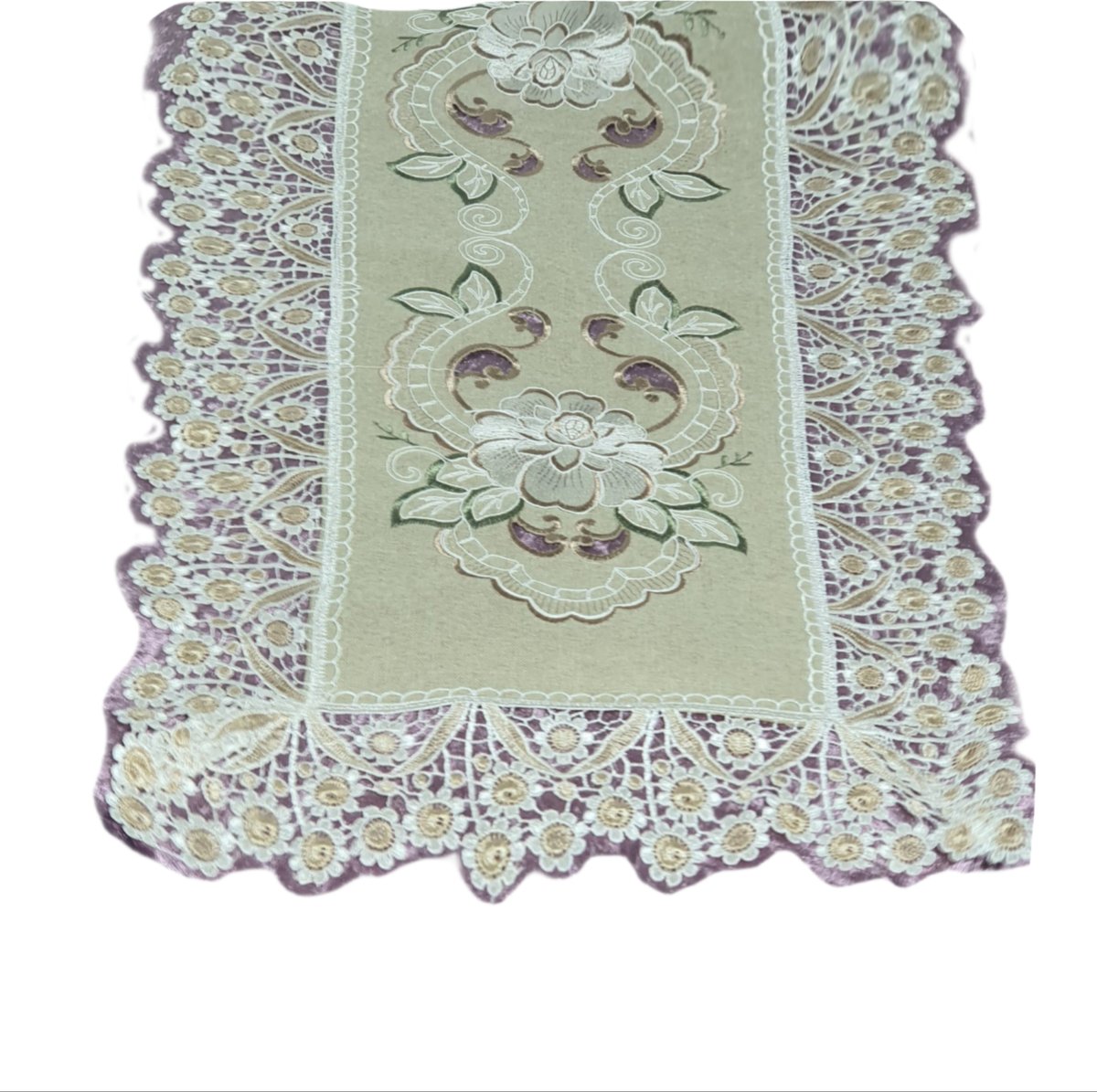 OB00328 Lniany Bieżnik z Haftem Obszyty Gipiurą 40x90 cm