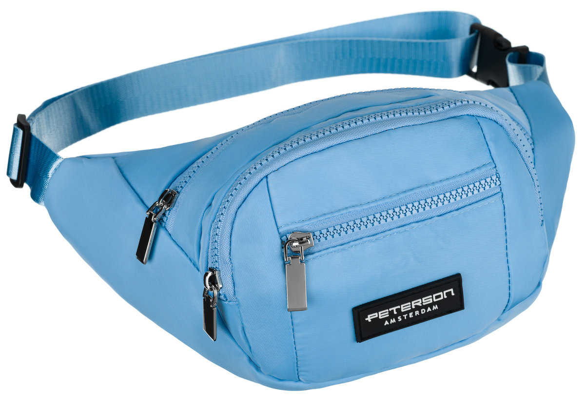 Lekka i pojemna niebieska saszetka na biodra lub na ramię PETERSON nerka z poliestru unisex kieszonki na suwak