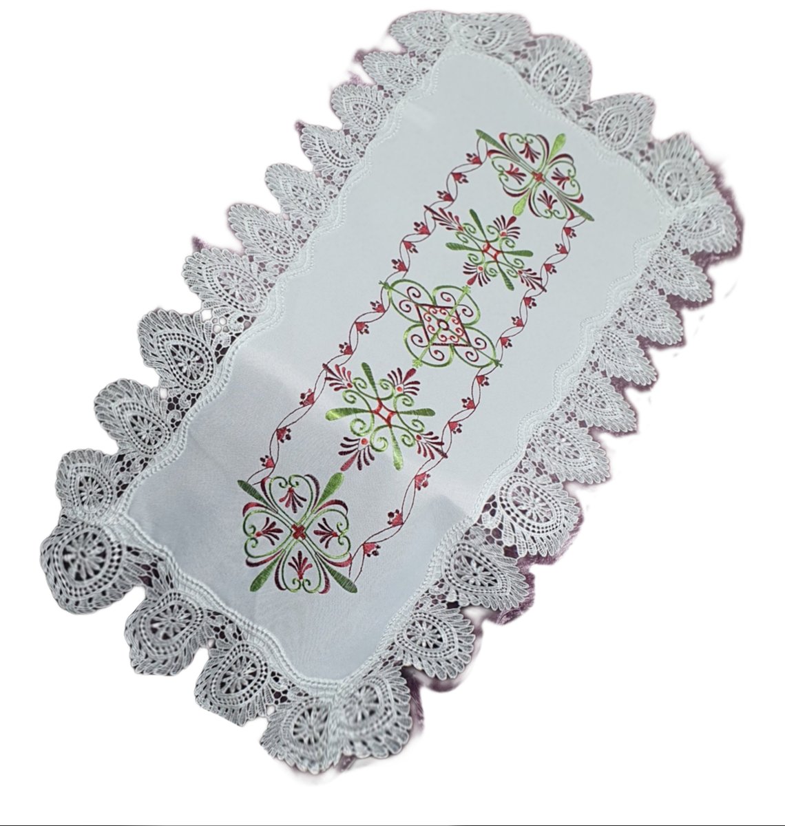 OB00326 Lniany Bieżnik z Haftem Obszyty Gipiurą 40x90 cm