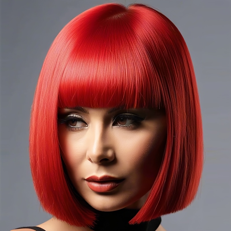 TEMU Elegancki 12-calowy czerwony perukę z frędzlami, bez koronki, proste włosy, włókno o wysokiej temperaturze, kapelusz z siatką z klamrą, gęstość,