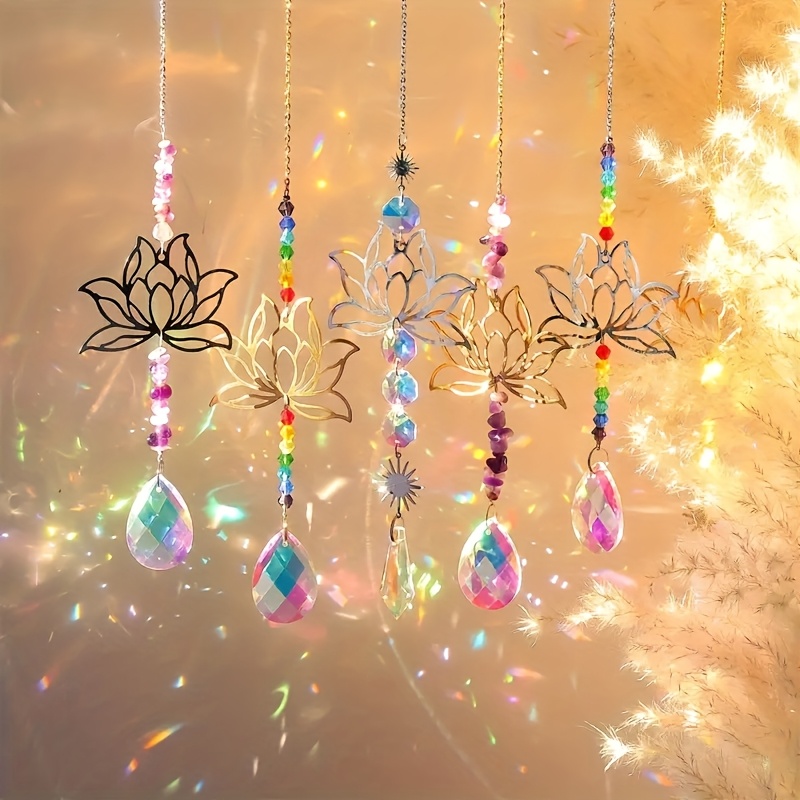 TEMU 6 Sztuk Do Zestawu Lusterka Słonecznego Z Szklą Lotus - Ornaty Z Kryształów Z Koralików Chakra Do Wyświetlania W Oknie Domu, Dekoracji Weselnych