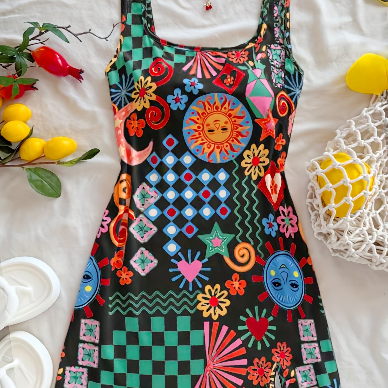 TEMU Kobiece Sukienka Mini Soleia w Stylu Boho z Dekoltem – Wzór Etniczny, Rozcięcie Boczne i Elastyczna Tkanina do Prania Maszynowego, Idealna na