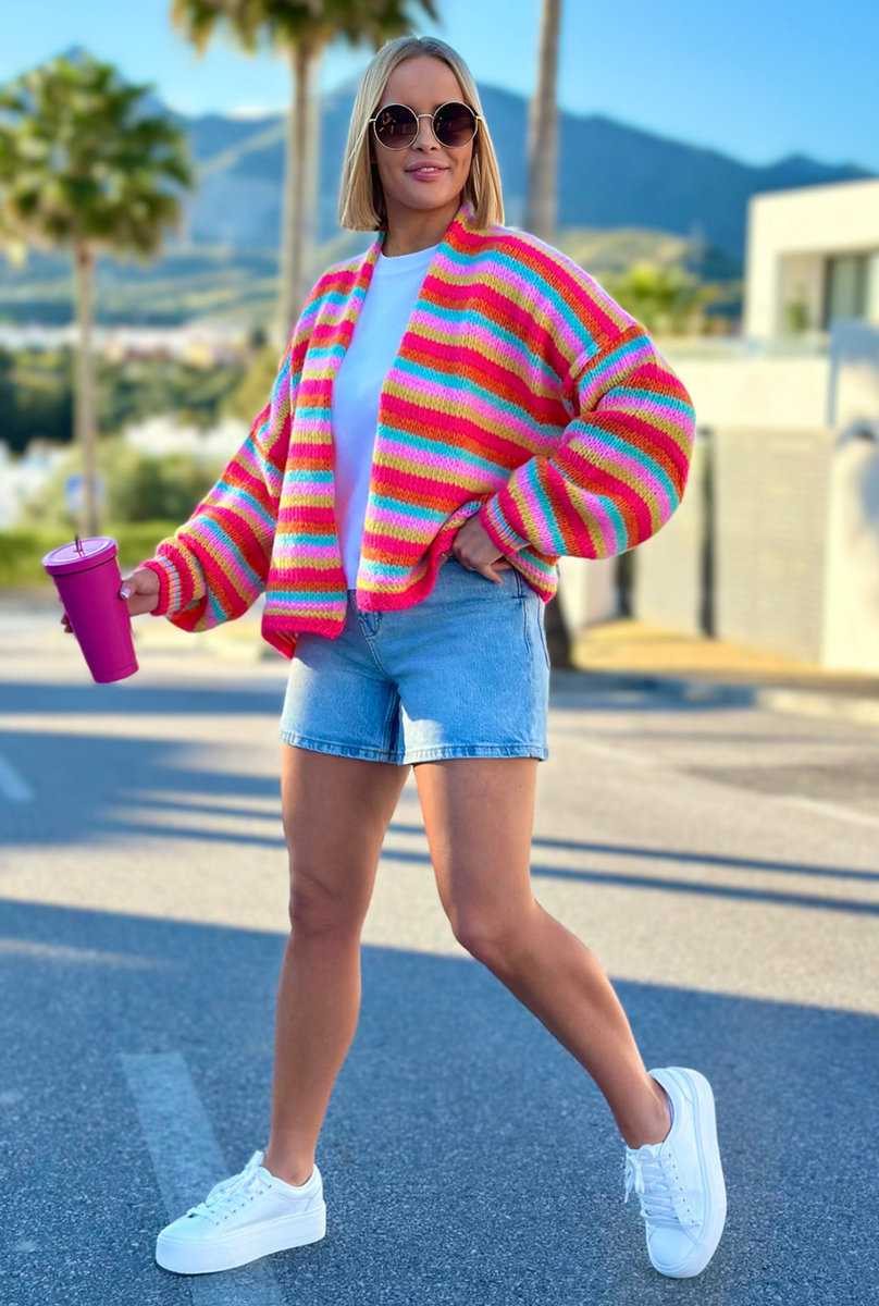 Krótki, lekki kardigan oversize w paski - fuksja/cytryna/baby róż One size