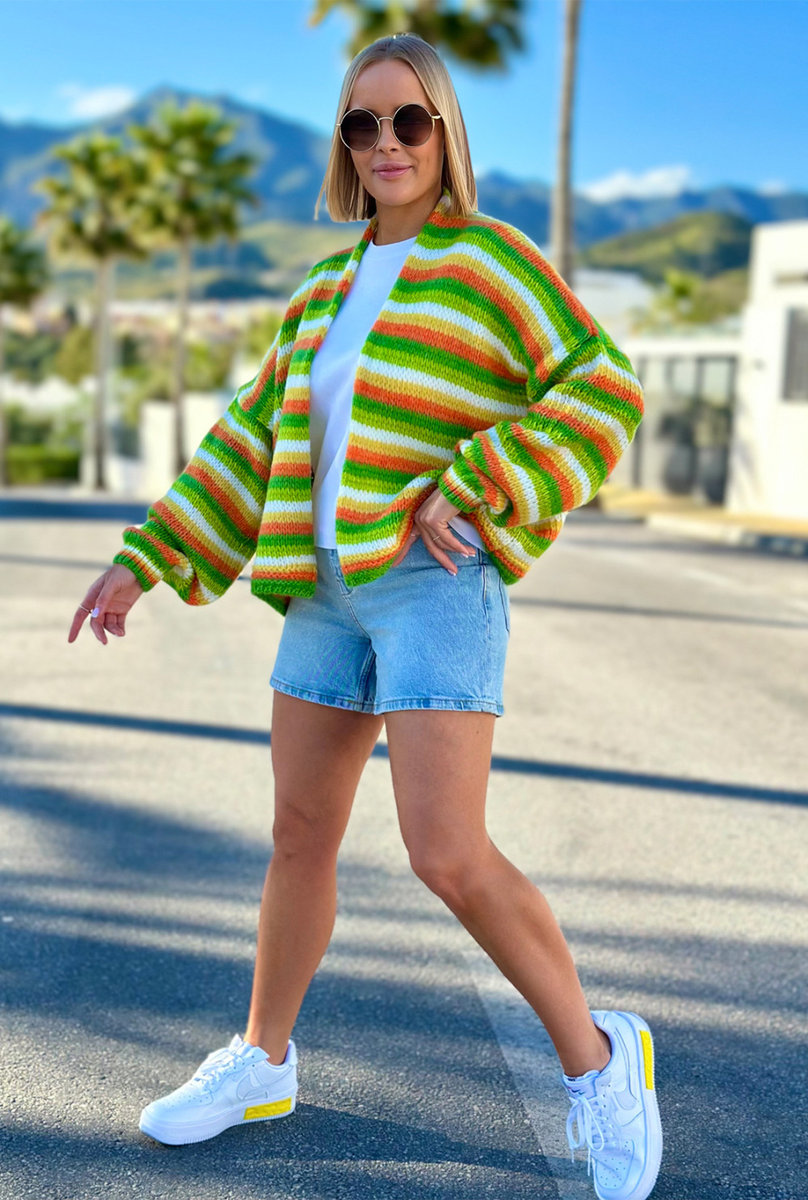Krótki, lekki kardigan oversize w paski - trawa/pomarańcz One size