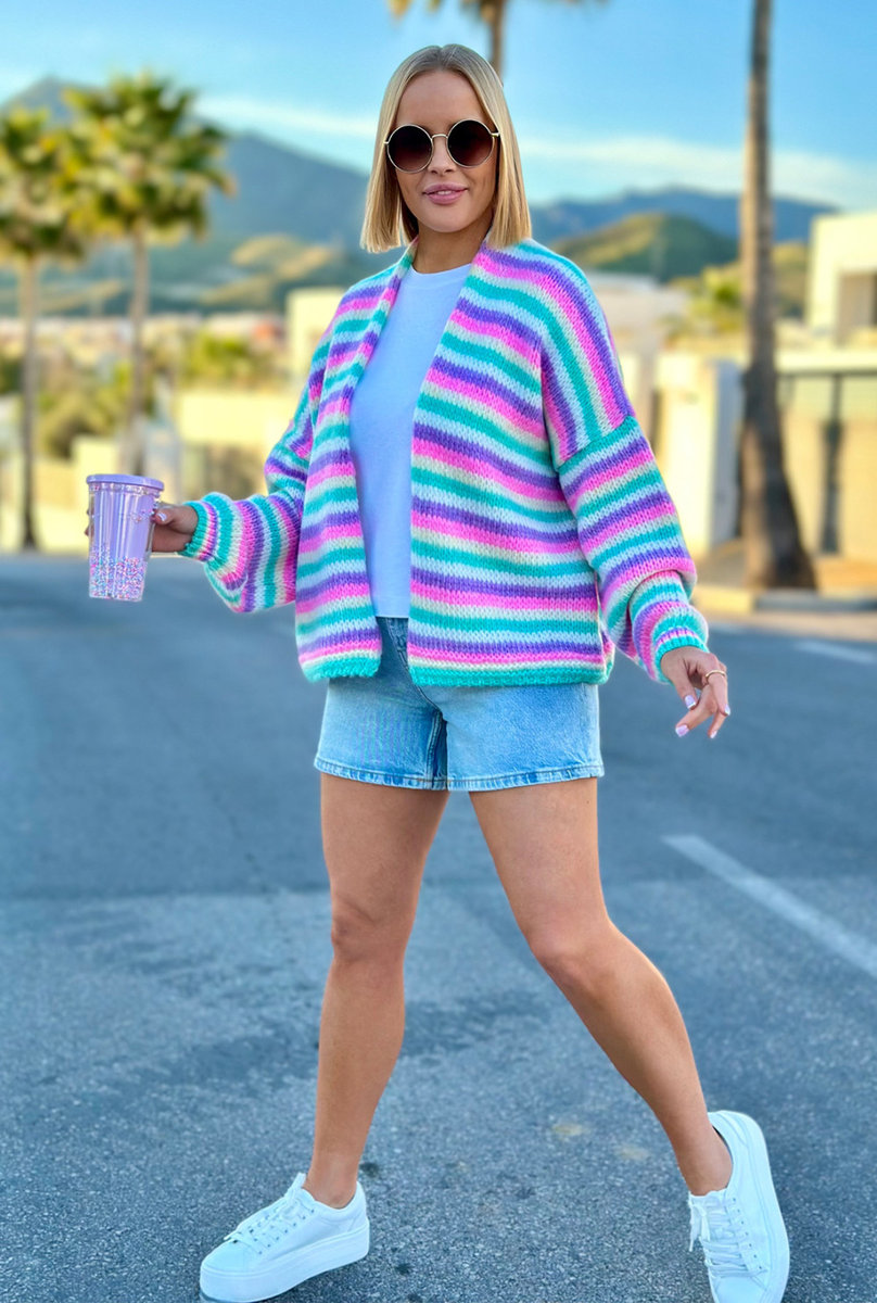 Krótki, lekki kardigan oversize w paski - seledynowy/wanilia One size