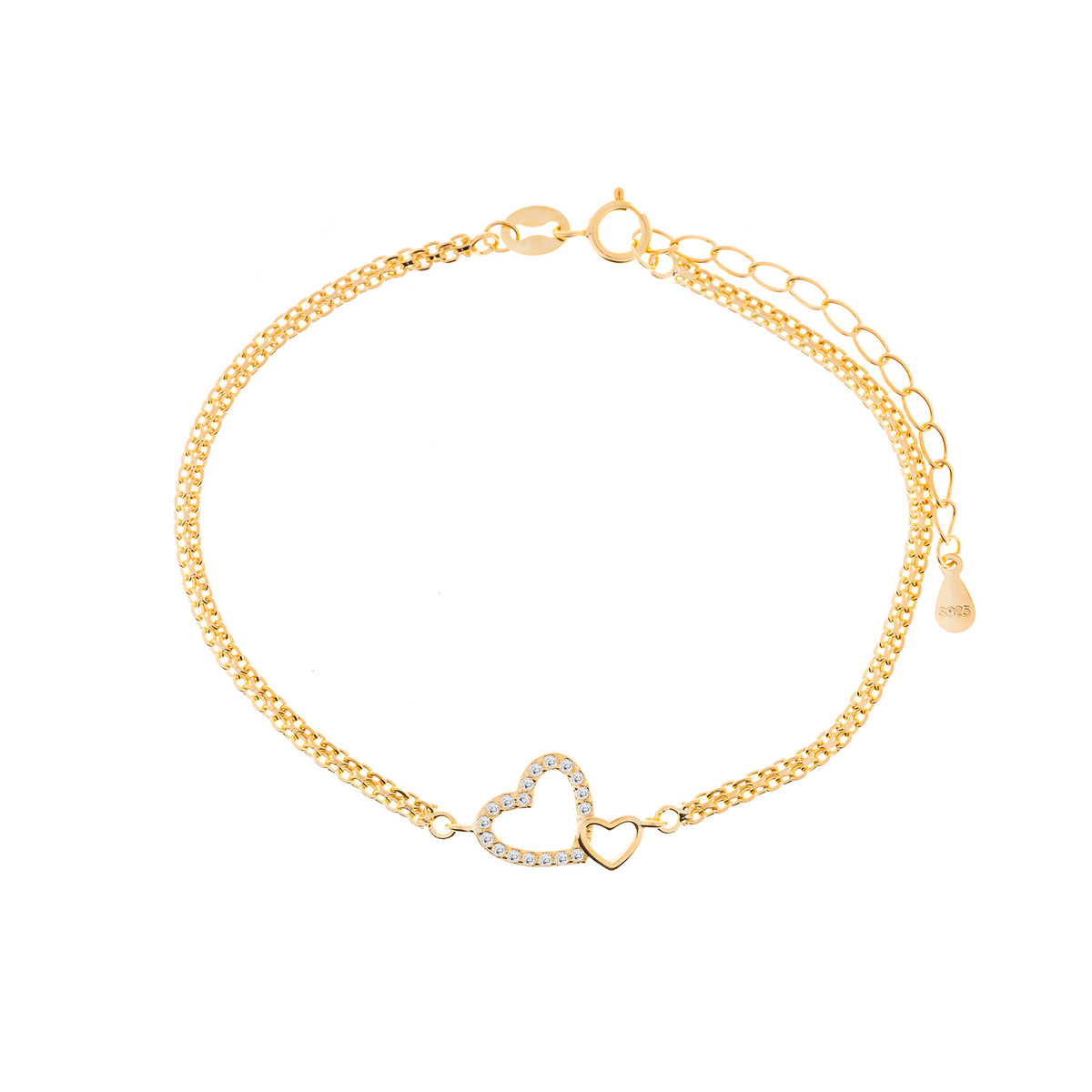 Srebrna 925 pozłacana bransoletka z sercami i białymi cyrkoniami
