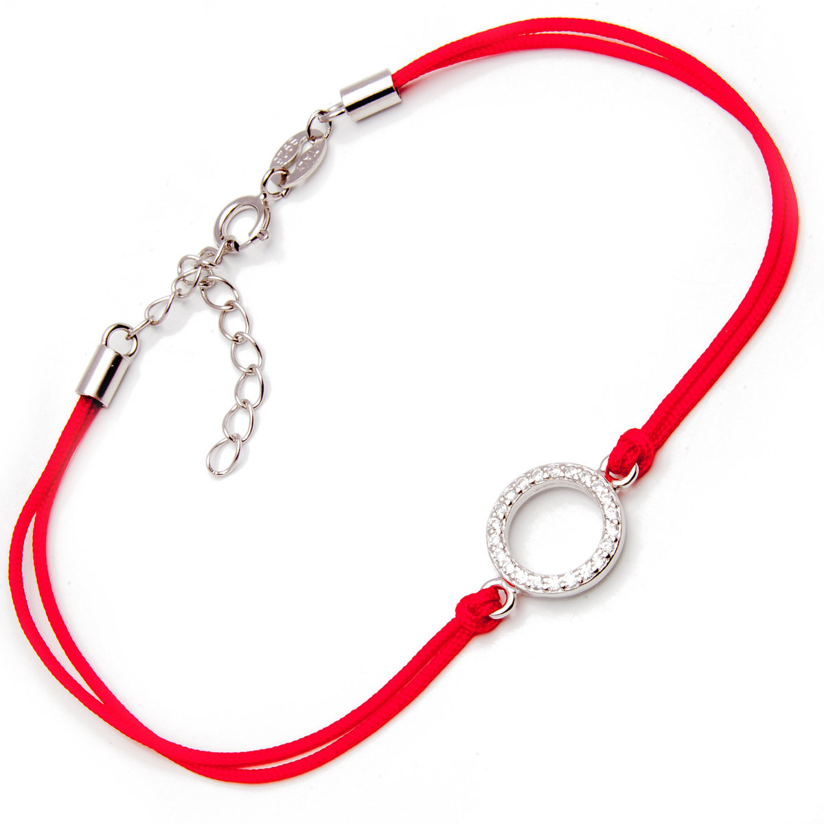 Srebrna bransoletka okrąg czerwony sznurek
