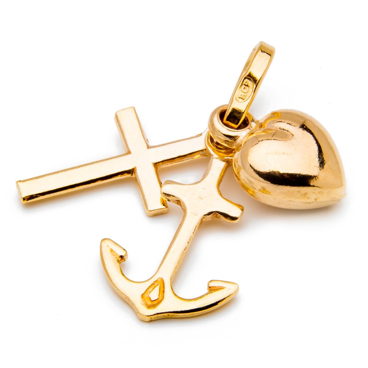 Złoty wisiorek serce, krzyżyk i kotwica
