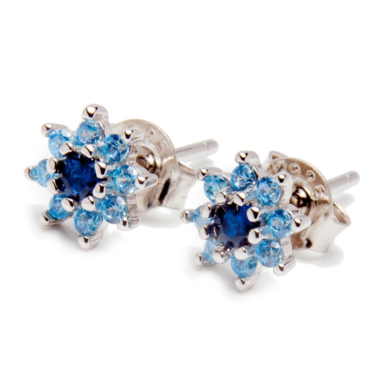 Srebrne kolczyki kwiatek z niebieskimi cyrkoniami