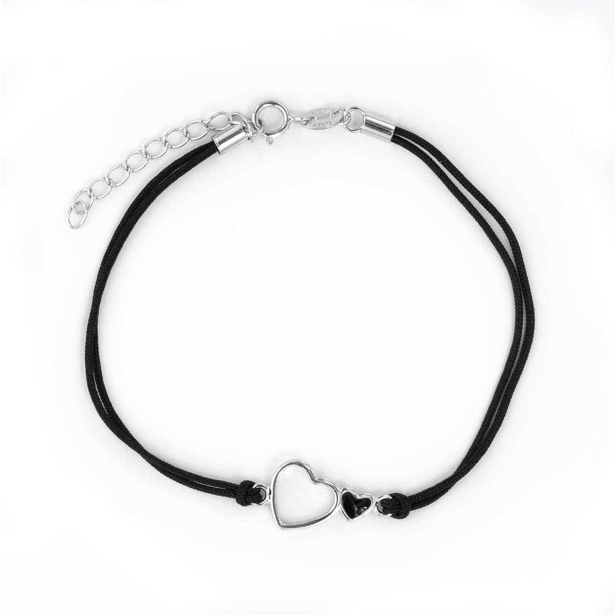 Srebrna bransoletka 925 Podwójne Serca Czarny Sznurek