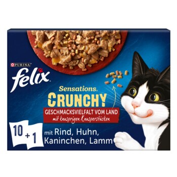 Felix Sensations Crunchy 10 x 85 g + chrupiące kawałki 40 g Urozmaicone wiejskie smaki