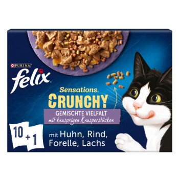 Felix Sensations Crunchy 10 x 85 g + chrupiące kawałki 40 g Różnorodność smaków z warzywami