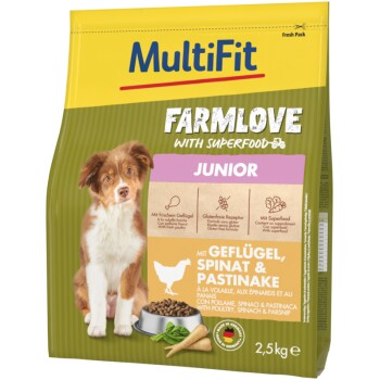MultiFit Farmlove sucha karma dla psa Junior, z drobiem, szpinakiem i pasternakiem 2,5 kg