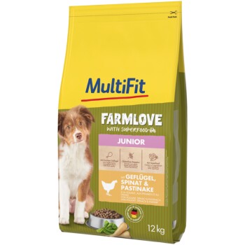 MultiFit Farmlove sucha karma dla psa Junior, z drobiem, szpinakiem i pasternakiem 12 kg