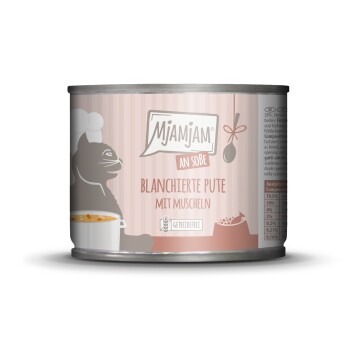 MjAMjAM mokra karma dla dorosłych kotów, blanszowana w sosie 6x185 g Indyk i małże