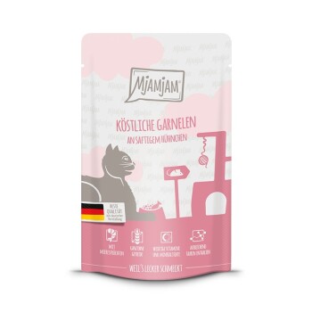 MjAMjAM mokra karma dla dorosłych kotów, Quetschie, Kurczak i krewetki 12x125 g