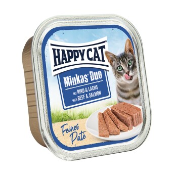 HAPPY CAT Minkas Duo Mokra karma dla kota dorosłego, Wołowina i Łosoś, Pasztet 16x100 g
