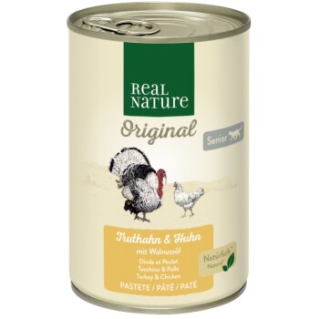 REAL NATURE Original mokra karma dla kota, senior, indyk i kurczak z olejem z orzechów włoskich 6x400 g
